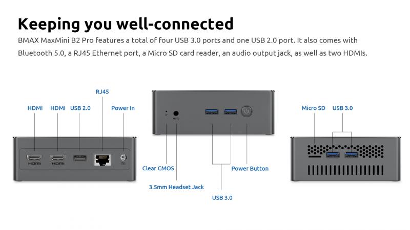 „BMAX B2 Pro“ mini PC turi visas reikalingas jungtis