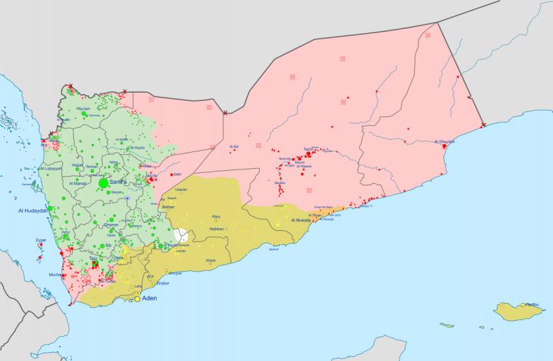 Jemeno pilietinis karas. Husių valdoma teritorija pažymėta žalia spalva