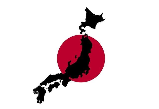 Japonijos žemėlapio siluetas ir vėliava