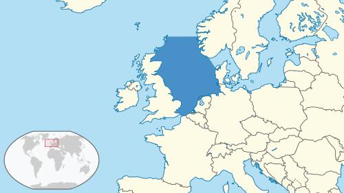 Šiaurės jūra pažymėta tamsiai mėlyna spalva