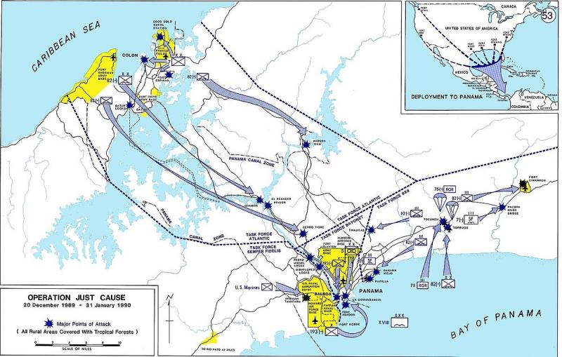 Operacijos „Just Cause“ taktinis žemėlapis, kuriame rodomi pagrindiniai puolimo taškai