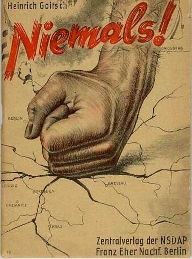 Nacių propagandisto Heinricho Goicho knygos „Niekada!“ viršelis, raginantis skaitytojus kovoti iki galo prieš „sunaikinimą“. Vokietija, 1944 m.