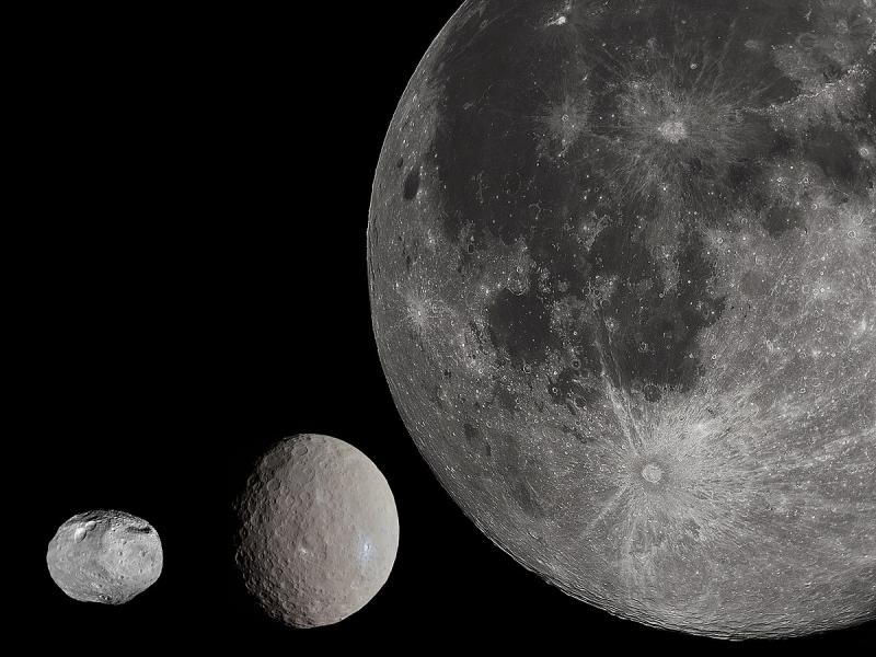 Vestos (kairėje), Cereros (centre) ir Mėnulio dydžio palyginimas