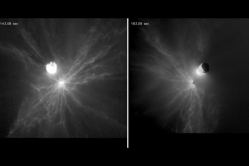 Šie vaizdai, kuriuose matyti aplink taranuotus asteroidus išmestos dujos, buvo padaryti zondu „LICIACube“, kuris praėjus kelioms minutėms po susidūrimo praskrido pro šalį ir nufotografavo susidūrimo pasekmes, priartėjimo (Didymas – viršuje kairėje) ir nutolimo (Didymas – viršuje dešinėje) metu. Išmetimo lauką sudaro asimetriškas dulkių kūgis, kuriame matyti srautai ir gijos, taip pat daugiau nei šimtas metrų dydžio akmenų, išmestų pageidaujamomis kryptimis.
