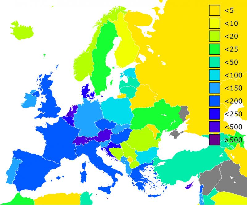 Turistų tankumas Europoje 2017 m.