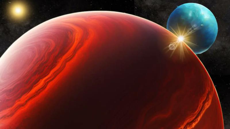 Iliustracija, kurioje pavaizduota dujų milžinė planeta HD 206893 B ir jos potencialus egzomėnulis