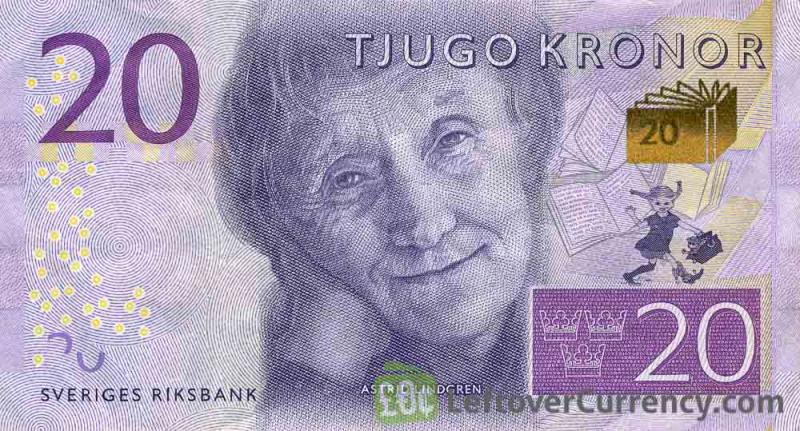 Naujausios 2015 metų serijos 20 Švedijos kronų banknotas, kuriame pavaizduota Astrid Lindgren