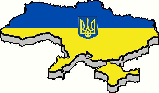 Ukrainos vėliavos, žemėlapio ir herbo koliažas