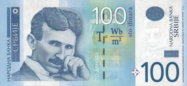 Serbijos 100 dinarų banknotas su Nikola Tesla portretu