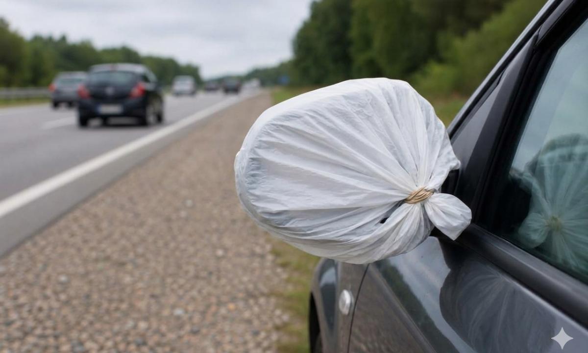 Baltas maišelis ant automobilio veidrodėlio: kodėl vairuotojai jį kabina ir ką šis ženklas reiškia kelyje