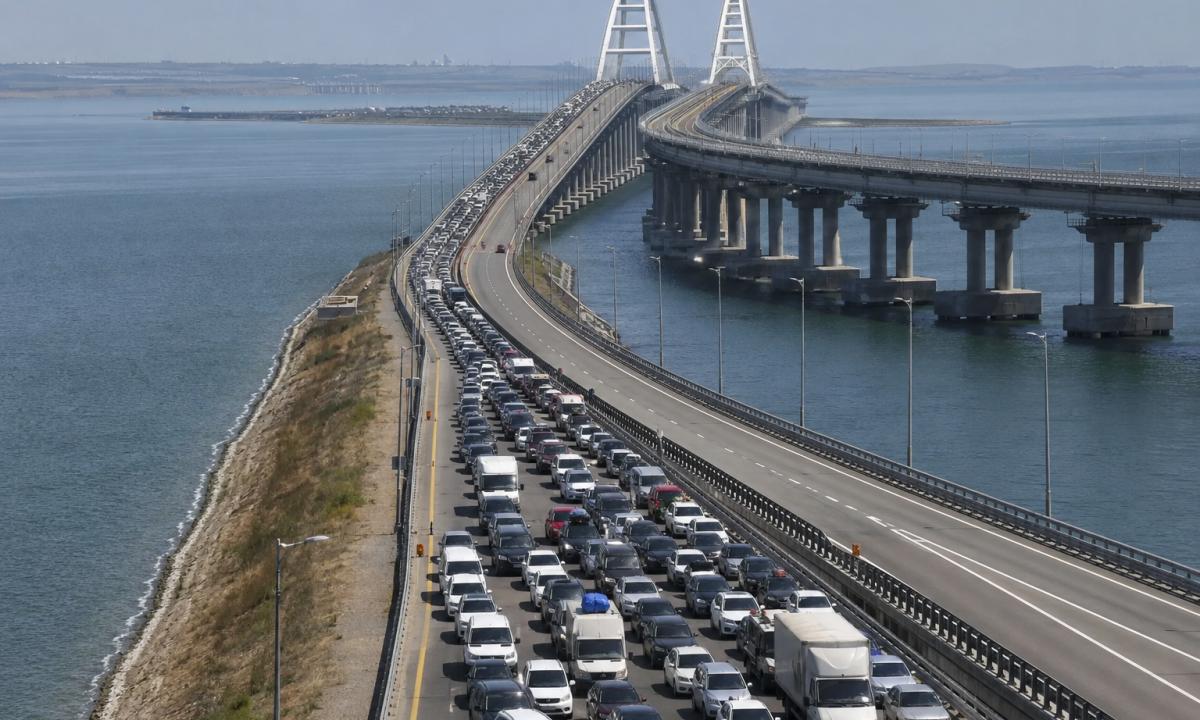 Rusai bėga iš Krymo. Ten didžiulis automobilių kamštis. Yra palydovinių nuotraukų (Foto)